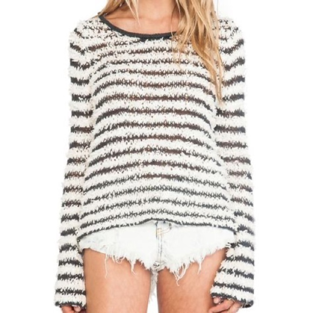 Free People Navy and White Stripe Fuzzy Knit Sweater